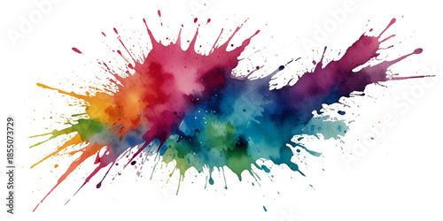 abstract rainbow creative horizontal banner from paint splashes. Bright colorful watercolor splash splatter stain brush strokes on white background. Modern vibrant aquarelle spot. Rainbow trendy