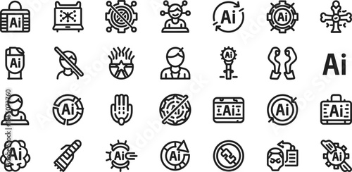 Comprehensive Set of Artificial Intelligence Line Icons for Digital Technology and Futuristic Concepts, AI Symbols for Modern UI/UX Design and Business Solutions