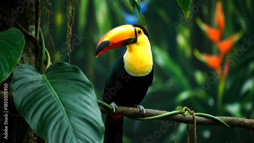 Colorful toucan perched on branch in lush rainforest setting