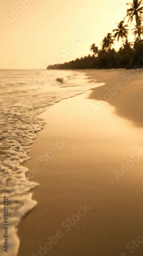 aerial of a tropical coastline, soft warm tones, gentle tide forming smooth curved lines