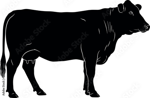 Black Silhouette of a Dairy Cow Standing Profile View Isolated on White Background for Farm Animal Agriculture and Livestock Branding