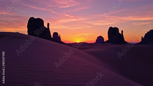 Sunset over desert landscape with rock formations and sand dunes  