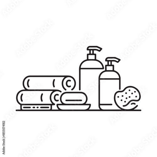 Simple line drawing of bathroom essentials soap towels and lotion