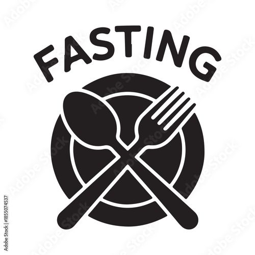 Fasting concept with crossed cutlery on a plate a black silhouette icon