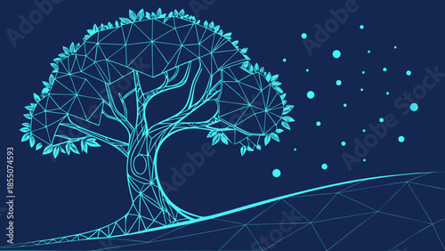 Futuristic low poly wireframe cityscape with glowing neon lights at dusk in 3D illustration