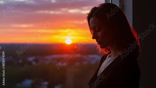 Young woman silhouetted by sunset while standing by a window  