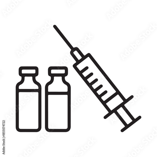 A simple line drawing depicting a syringe and two vials of medicine