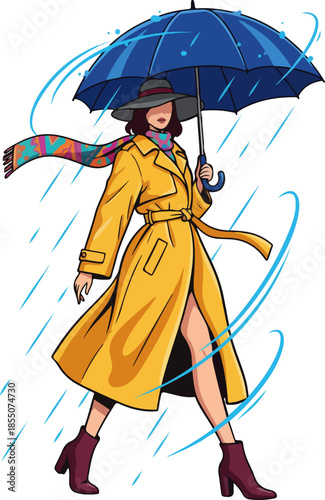 Elegant Woman Walking with Umbrella in Rainy Weather Vector Illustration