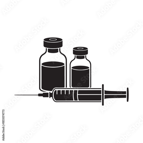 A monochrome graphic depicts two vials and a syringe for medical use