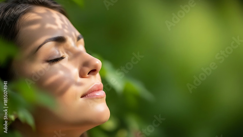 Serene profile portrait of a woman with eyes closed and soft leaf shadows on her face in a sunny green garden