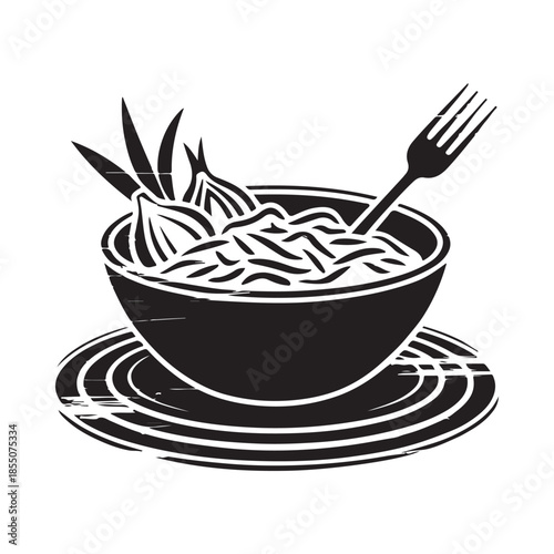 A black and white illustration of a bowl of food with a fork