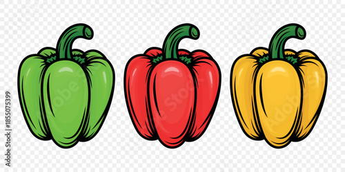 Flat Cartoon Vector Bell Peppers Set with Outline. Red, Yellow, Green Sweet Peppers Illustration. Fresh Vegetables for Food Market, Healthy Cooking, Vegetarian Recipe Design, Farm Organic Product Icon