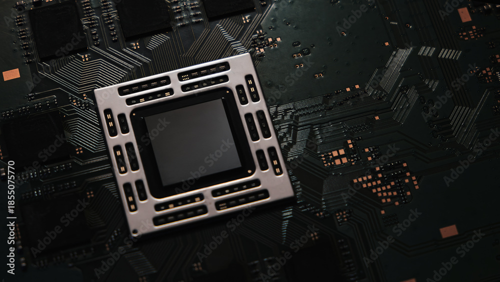 Fototapeta premium Close-up of a gaming console system board featuring a central processor and memory chips, showing detailed electronic circuits and modern hardware architecture on a dark technology background