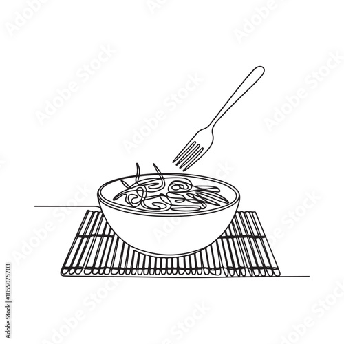A simple line drawing of a bowl of noodles with a fork