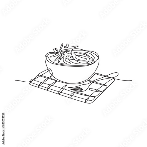 A minimalist line drawing of a bowl of noodles with a fork