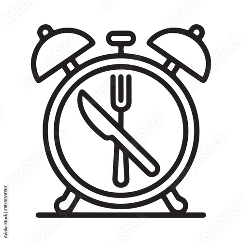 A black and white line drawing of an alarm clock with cutlery inside