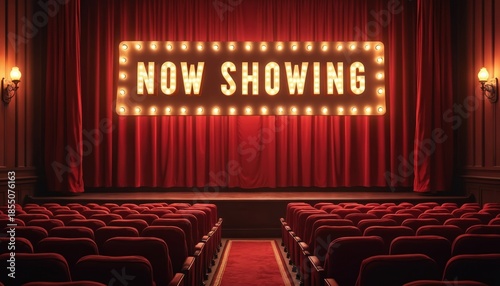 Retro NOW SHOWING sign glows above red theater curtains and empty seats. Dramatic lighting creates vintage cinema atmosphere. Experience movie magic with this classic presentation.