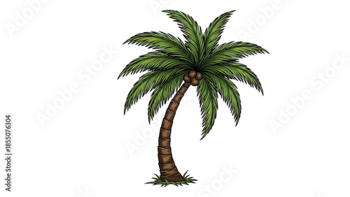 High-quality black outline green and brown realistic art of palm tree with curved trunk and flowing fronds, tropical nature illustration