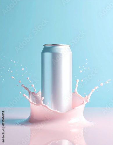 Blank Aluminum Drink Can Mockup with Pastel Liquid Splash