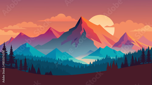 Mountain silhouette landscape vector with gradient sky, minimalist scenic background