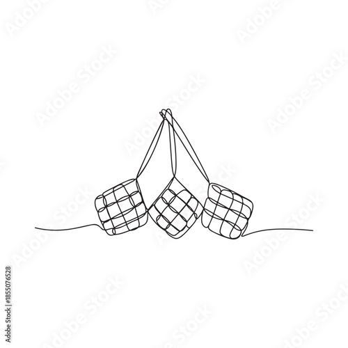 Minimalist line art illustration of three hanging woven baskets in black and white