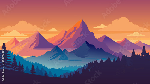 Mountain silhouette landscape vector with gradient sky, minimalist scenic background