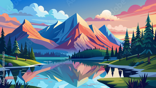 Mountain landscape vector with forest and lake reflection, serene natural scenery, flat illustration