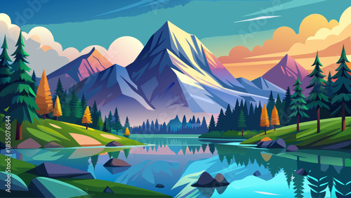 Mountain landscape vector with forest and lake reflection, serene natural scenery, flat illustration