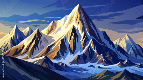 Snowy alpine mountain vector illustration with dramatic peaks, clean flat design