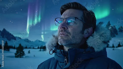 Reflection of the northern lights in the glasses of a man admiring the northern lights in the snow-covered mountains at night 
