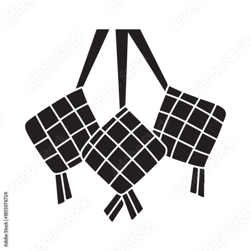Black and white illustration of three traditional ketupat rice cakes hanging together