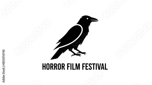 Black raven silhouette logo for horror film festival, spooky event symbol