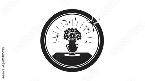 Vintage Floral Vase Icon with Sparkle and Star - Black and White Emblem