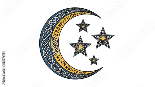 Crescent Moon and Stars with Celtic Knotwork and Runes