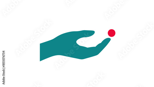 Teal hand holding a red sphere, conceptual graphic design