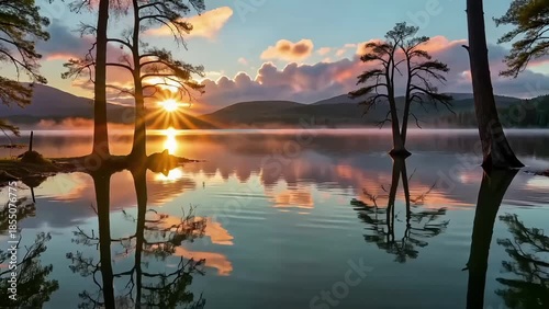 Sunrise over calm lake reflecting trees and clouds in tranquil setting  