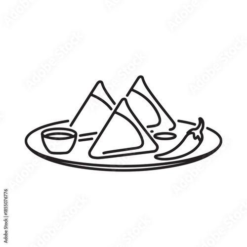 A simple sketch of tortilla chips dip and a chili pepper on a plate