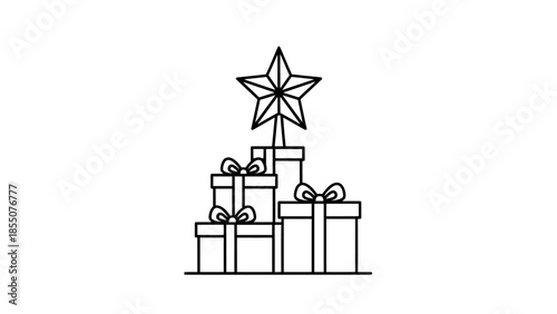 Christmas Presents Stack with Star Topper - Simple Line Art Icon