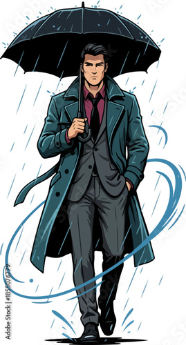 Stylish Man Walking with Umbrella in Rainy Weather Vector Illustration