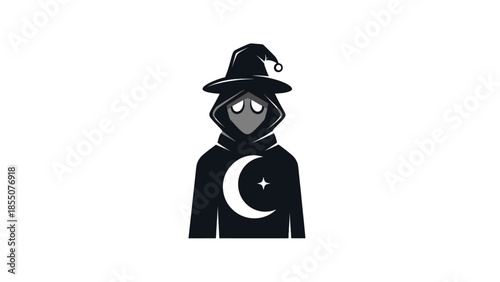 Mysterious hooded figure with crescent moon and star emblem, wizard hat