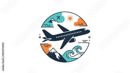 Airplane Travel Icon: Mountains, Waves, Sun, Clouds, Circular Design