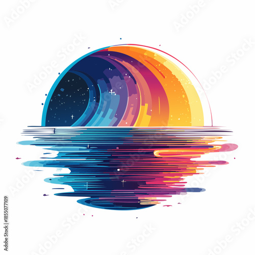Abstract colorful illustration of a semi-circle with a starry sky inside, reflected in water with horizontal lines.