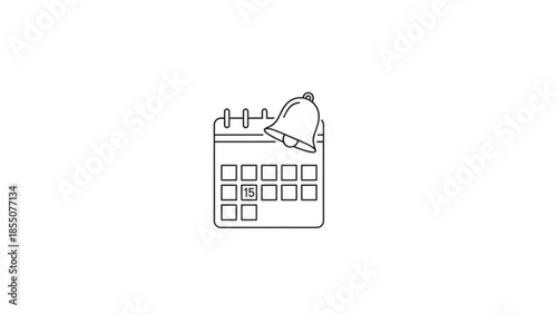 Calendar Reminder Bell Icon, Line Art Style, Isolated on White Background