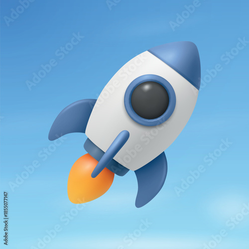 Vector 3d Blue and White Rocket Launch on a Blue Sky Background. Rocket Startup, Rocket Ship with Flame for Startup, Product Launch, Space, Mission Concept