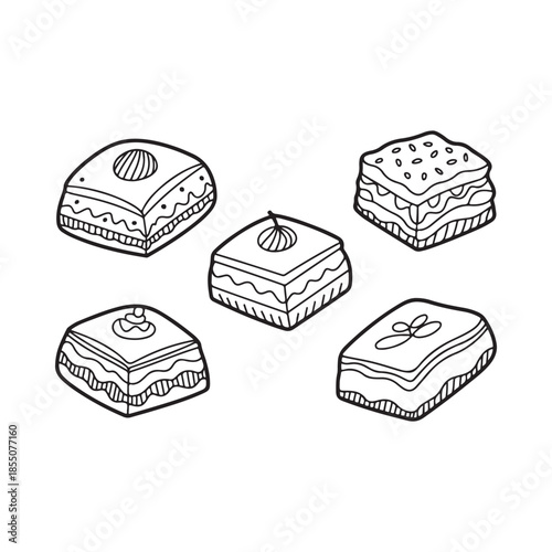 Hand drawn illustration of various square shaped sweets and desserts