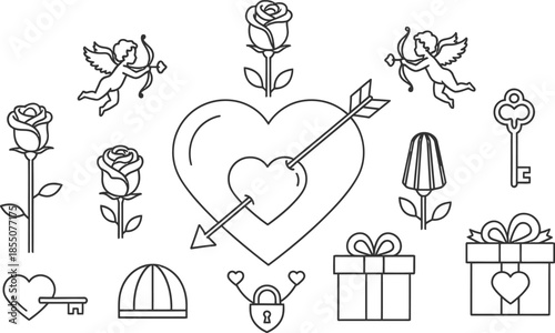 Valentines Day love icons with hearts arrows roses and gifts isolated on transparent background