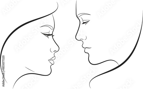 minimalist line art illustration of two women faces looking at each other in profile