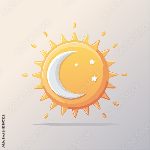 Stylized sun with a crescent moon and stars inside, cartoonish and bright.