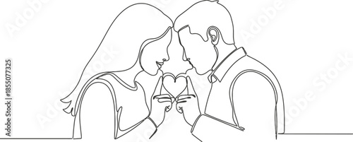 Continuous line drawing of a loving couple touching noses and holding a heart