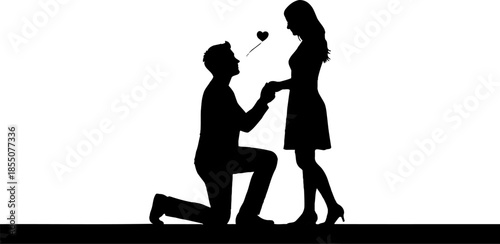 Man proposing to woman with heart above them in romantic gesture